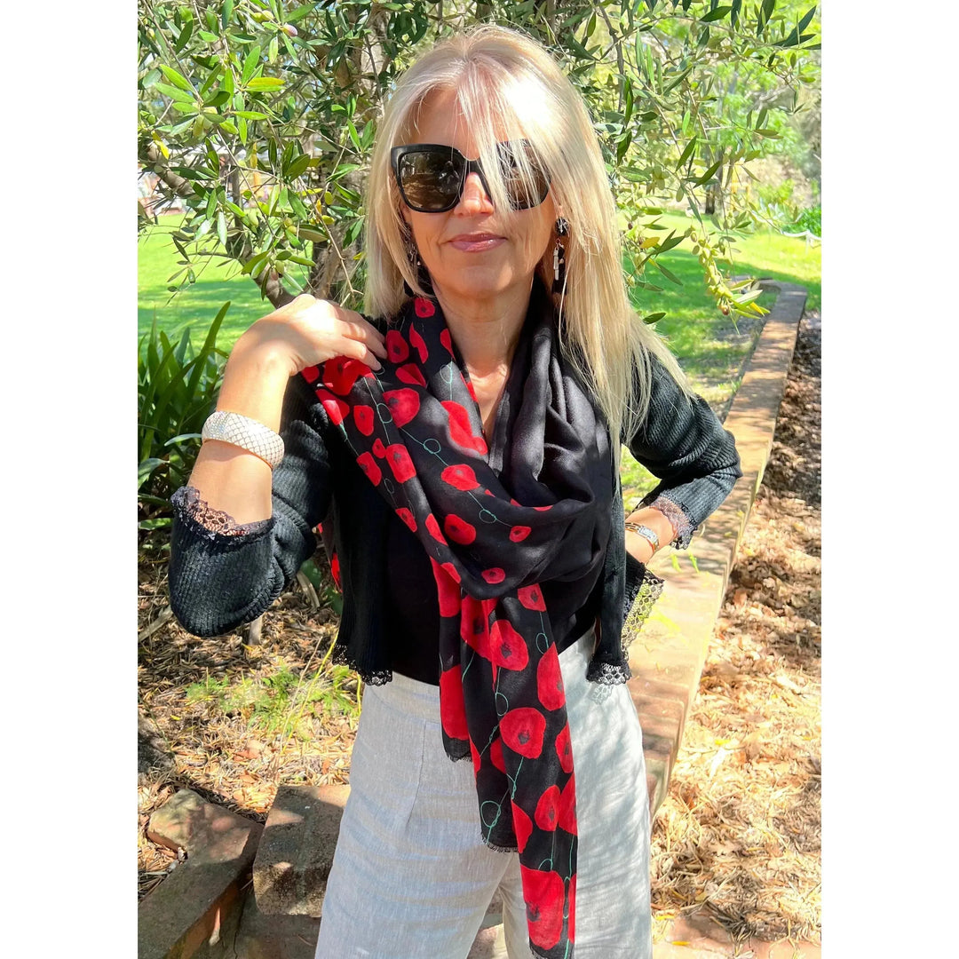 Scarves Australia Fashion Scarves Poppy Scarf - Red on Black - Floral Spray