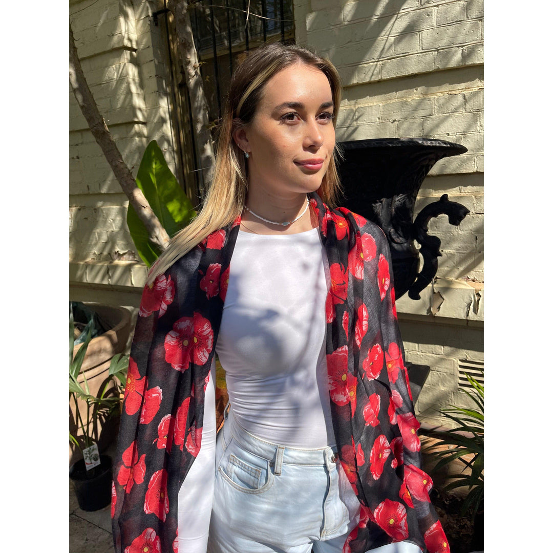 Scarves Australia Floral Scarf - Red Poppy On Black