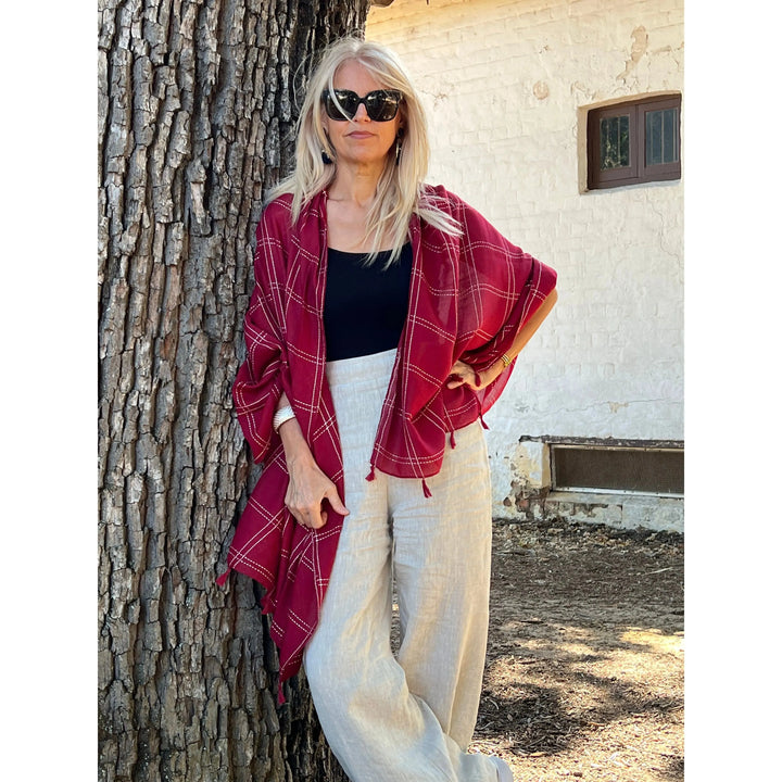 Scarves Australia Plaid Scarf - Deep Red - White Stitching