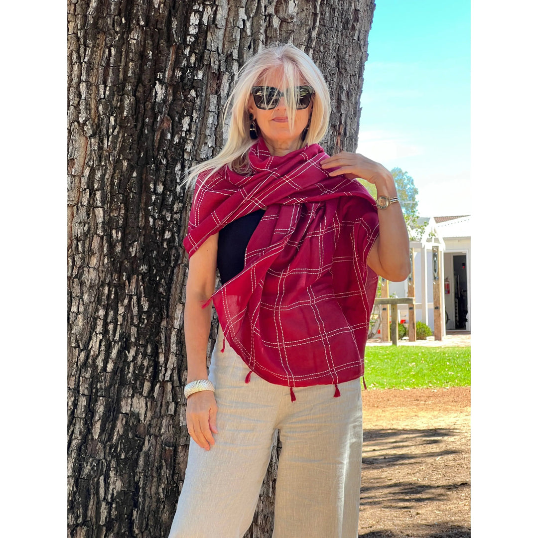 Scarves Australia Plaid Scarf - Deep Red - White Stitching