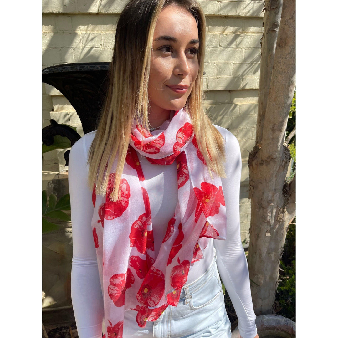 Scarves Australia Scarves & Shawls Floral Scarf - Red Poppy on White